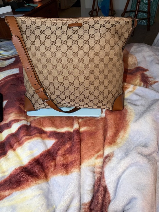 Gucci Handbags - Gucci Tan Monogram Shoulder Bag with Brown Leather Trim